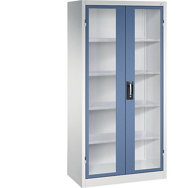 Sichtfenster-Flügeltürschrank HxBxT 1950 x 930 x 500 mm 4 Fachböden lichtgrau / fernblau. C+P Moebelsysteme |-1