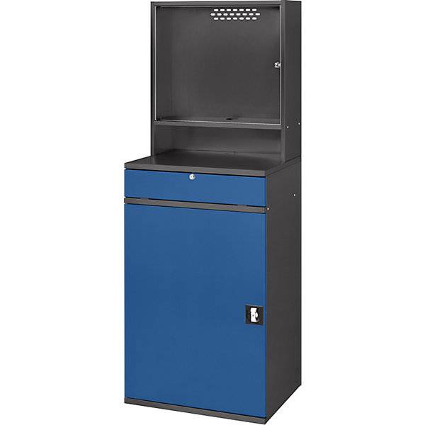 Computer-Arbeitsstation Monitorgehäuse 1 Ausziehboden 2 Schubladen Breite 650 mm anthrazit / enzianblau. Rau-0