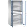 Sichtfenster-Flügeltürschrank HxBxT 1950 x 930 x 600 mm 3 Fachböden 3 Schubladen lichtgrau / fernblau. C+P