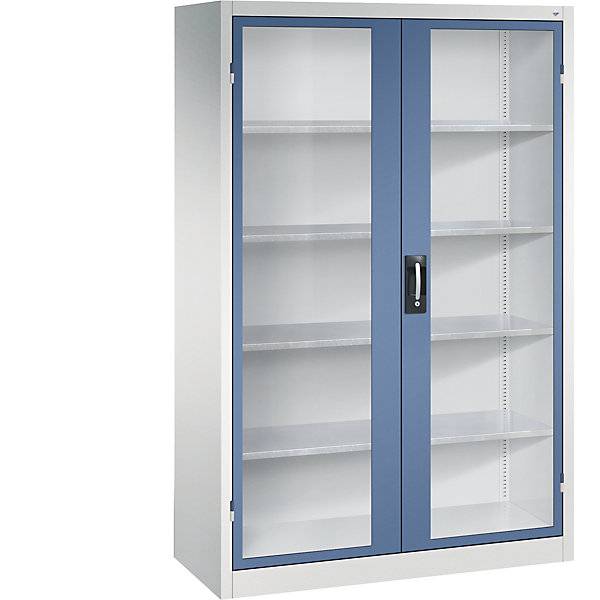 Sichtfenster-Flügeltürschrank HxBxT 1950 x 1200 x 500 mm 4 Fachböden lichtgrau / fernblau. C+P Moebelsysteme |-1