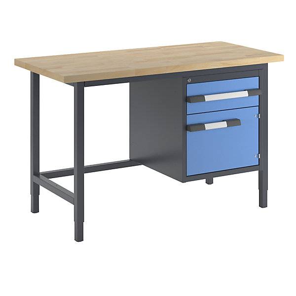 Höhenverstellbare Werkbank Gestellbauweise 1 Schublade 1 Flügeltür Breite 1500 mm anthrazit / blau. TAKKT-0