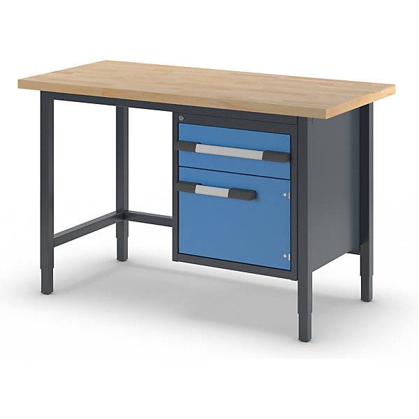 Höhenverstellbare Werkbank Gestellbauweise 1 Schublade 1 Flügeltür Breite 1500 mm anthrazit / blau. TAKKT-1