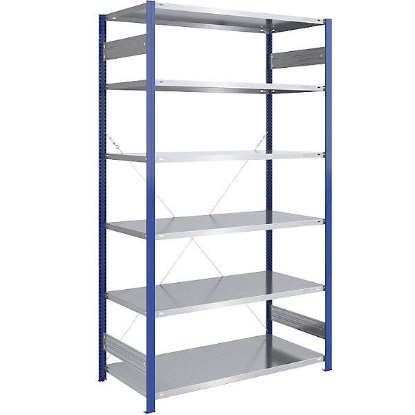 Steckregal Bauart leicht einseitig HxBxT 2500 x 1300 x 800 mm blau/verzinkt Grundregal. TAKKT Industrial &-0