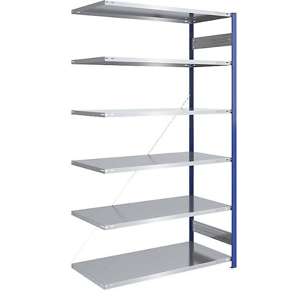 Steckregal Bauart leicht einseitig HxBxT 2500 x 1300 x 800 mm blau/verzinkt Anbauregal. TAKKT Industrial &-0