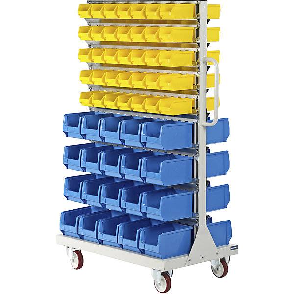 Fahrregal mit Sichtlagerkästen doppelseitig HxBxT 1450 x 855 x 540 mm mit 140 Kästen. TAKKT Industrial &-0