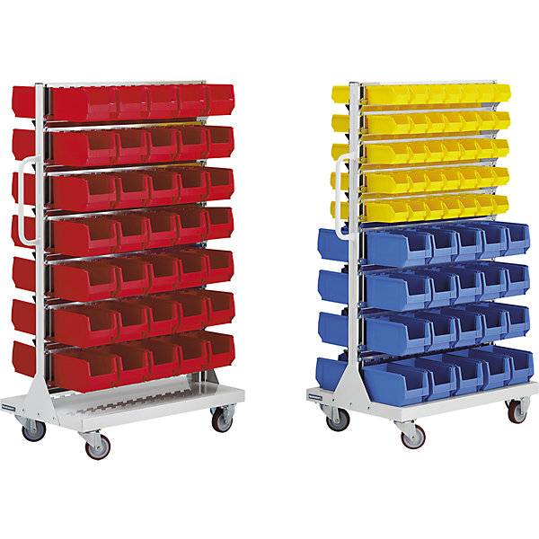 Fahrregal mit Sichtlagerkästen doppelseitig HxBxT 1450 x 855 x 540 mm mit 140 Kästen. TAKKT Industrial &-1