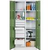 Materialschrank aus Stahlblech 6 Fachböden 8 Schubladen HxBxT 1950 x 930 x 500 mm Türe resedagrün Korpus