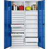 Materialschrank aus Stahlblech 2 Fachböden 24 Schubladen HxBxT 1950 x 1200 x 500 mm Tür enzianblau Korpus