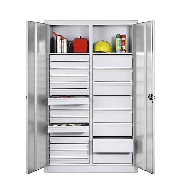 Materialschrank aus Stahlblech 2 Fachböden 24 Schubladen HxBxT 1950 x 1200 x 500 mm lichtgrau. C+P
