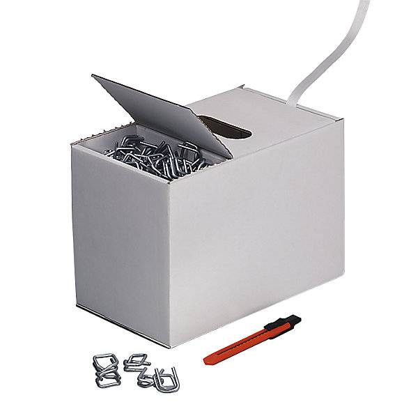 Umreifungs-Set PET-Kraftband verleimt Band im Spenderkarton Metallklemmen Packmesser Bandbreite 13 mm.