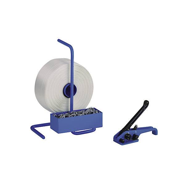 Umreifungs-Set PET-Kraftband verleimt Spanngerät tragbarer Abroller Band Metallklemmen Bandbreite 16 mm.