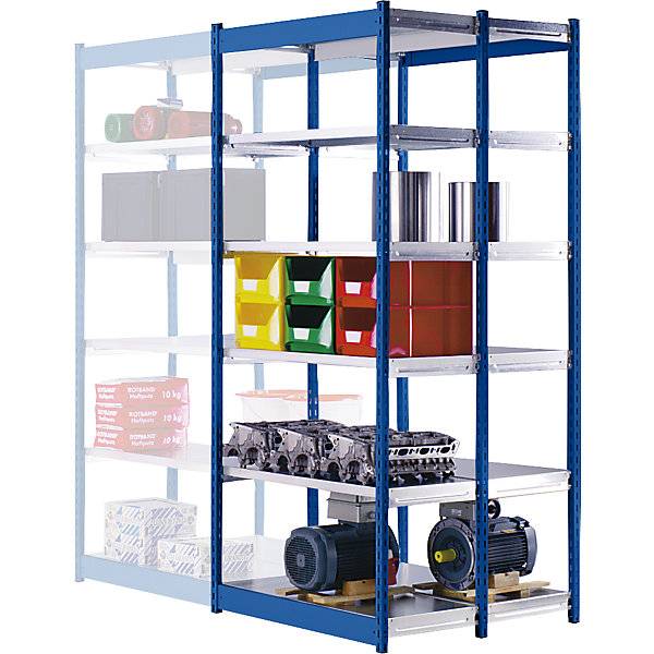 Stabil-Steckregal doppelseitig Regalhöhe 2000 mm blau/verzinkt Bodenbreite 1025 mm Grundregal Breite x Tiefe