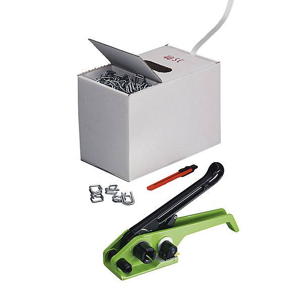 Umreifungs-Set PET-Kraftband verleimt Spanngerät Band im Spenderkarton Metallklemmen Packmesser Bandbreite 16