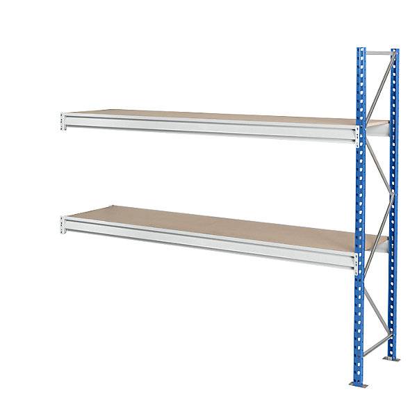 Schwerlast-Großfachregal mit Spanplattenauflagen Rahmenfarbe blau HxBxT 1996 x 2330 x 1000 mm Anbauregal. MAN-0
