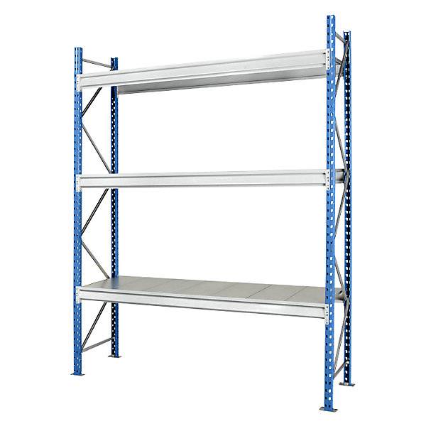 Schwerlast-Großfachregal mit Stahlauflagen Rahmenfarbe blau HxBxT 2496 x 2410 x 600 mm Grundregal. MAN ORGA
