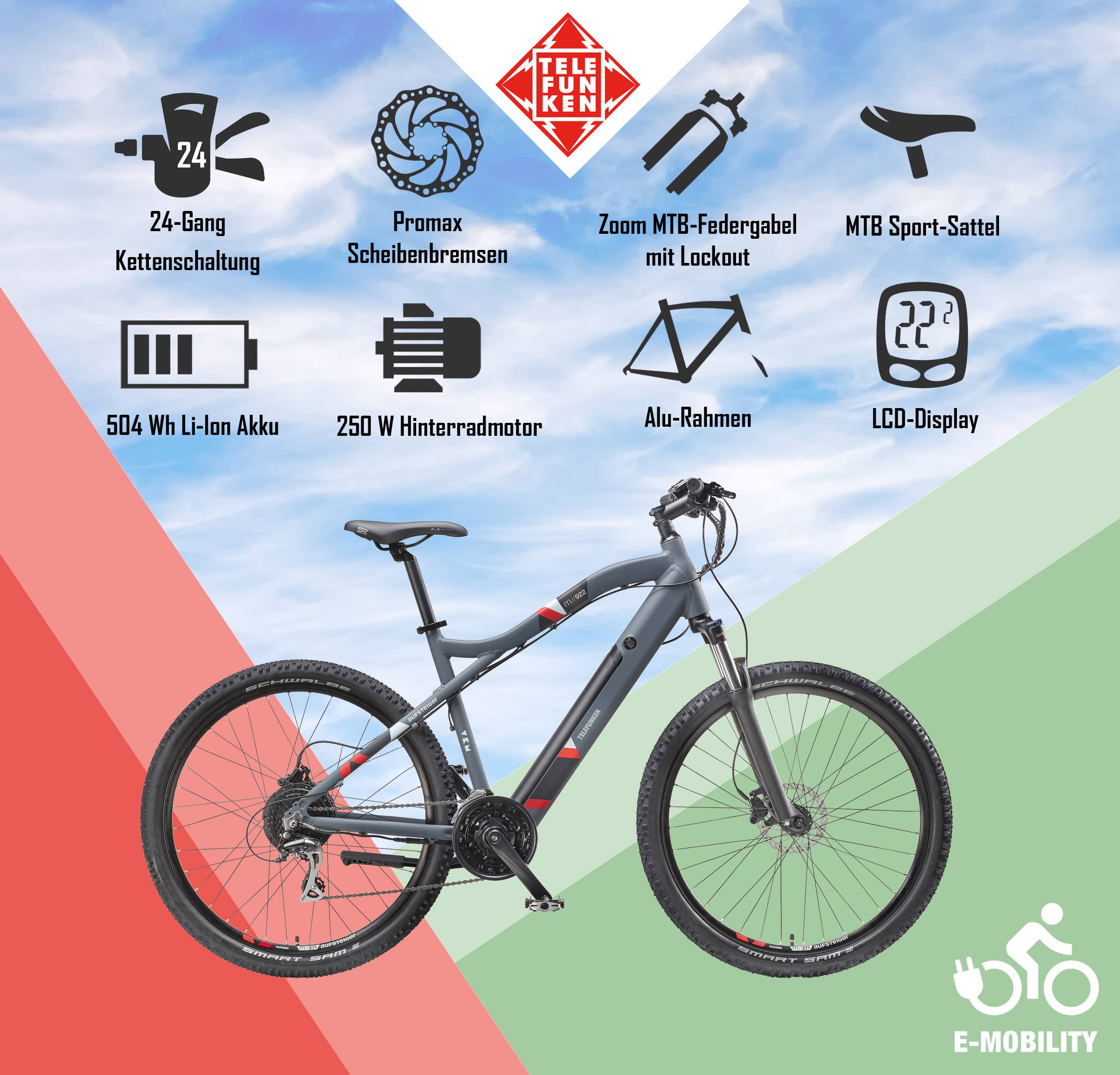 Telefunken E-Bike M922 mit 24 Gang Shimano Acera Kettenschaltung, Mountainbike - Hinterradmotor 250W / 36V Li-Ion Akku-4