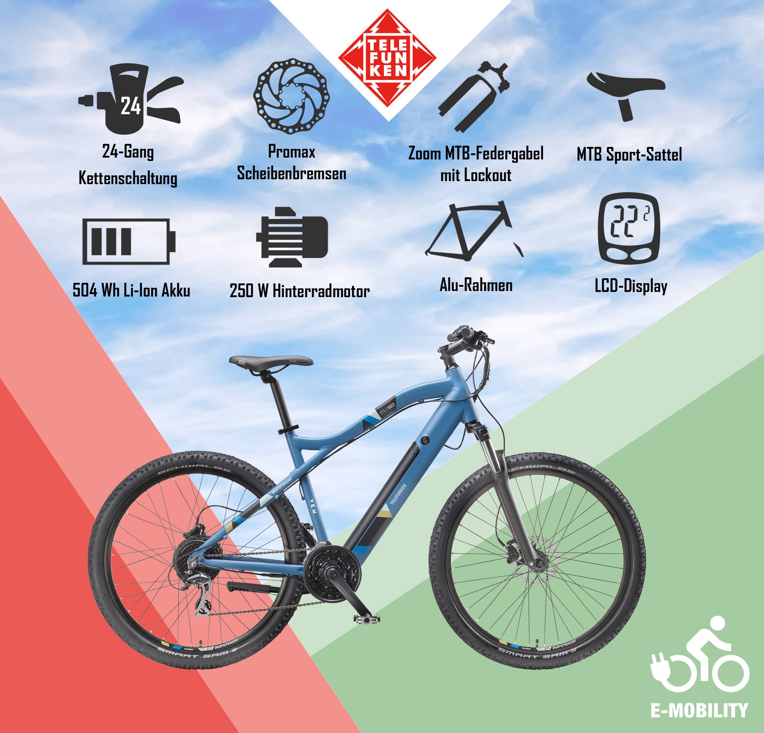 Telefunken E-Bike M922 mit 24 Gang Shimano Acera Kettenschaltung, Mountainbike - Hinterradmotor 250W / 36V Li-Ion Akku-4
