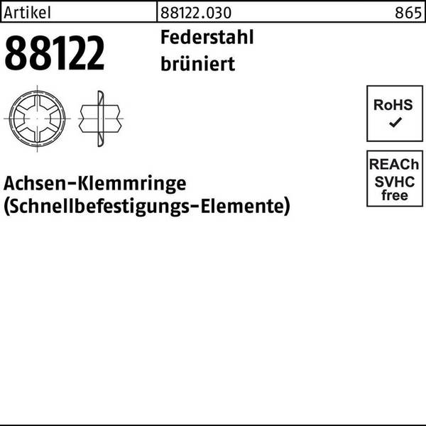 Achsenklemmring R 88122 FE 12x21,0x1,8 Federstahl brüniert 250 Stück