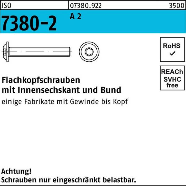 Flachkopfschraube ISO 7380-2 Bund/Innen-6kt M6x 12 A 2 500 Stück