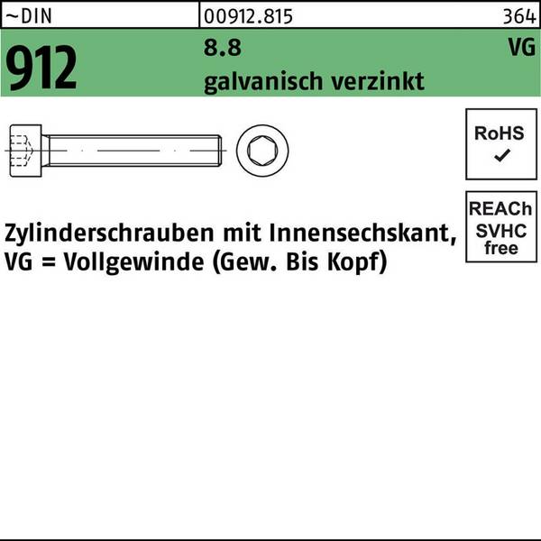 Zylinderschraube DIN 912 Innen-6kt VG M8x50 8.8 galv.verz. 200St.