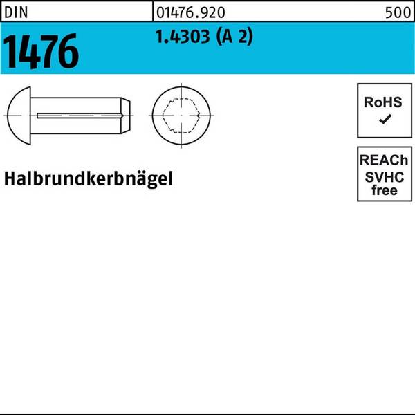 Halbrundkerbnagel DIN 1476 6x 12 1.4303 (A 2) 100 Stück