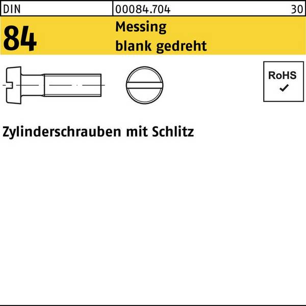 Zylinderschraube DIN 84/ISO 1207 Schlitz M1,4x 8 Messing blank gedreht 100St.