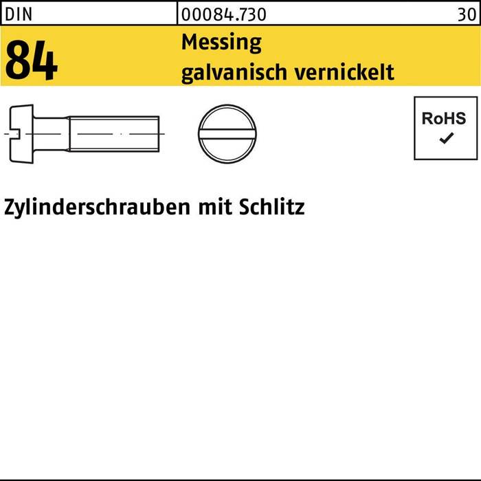 Zylinderschraube DIN 84/ISO 1207 Schlitz M6x16 Messing galv. vernickelt 200St.-0