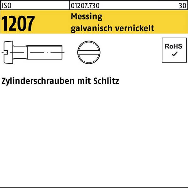 Zylinderschraube ISO 1207 Schlitz M4x 6 Messing galv. vernickelt 200St.