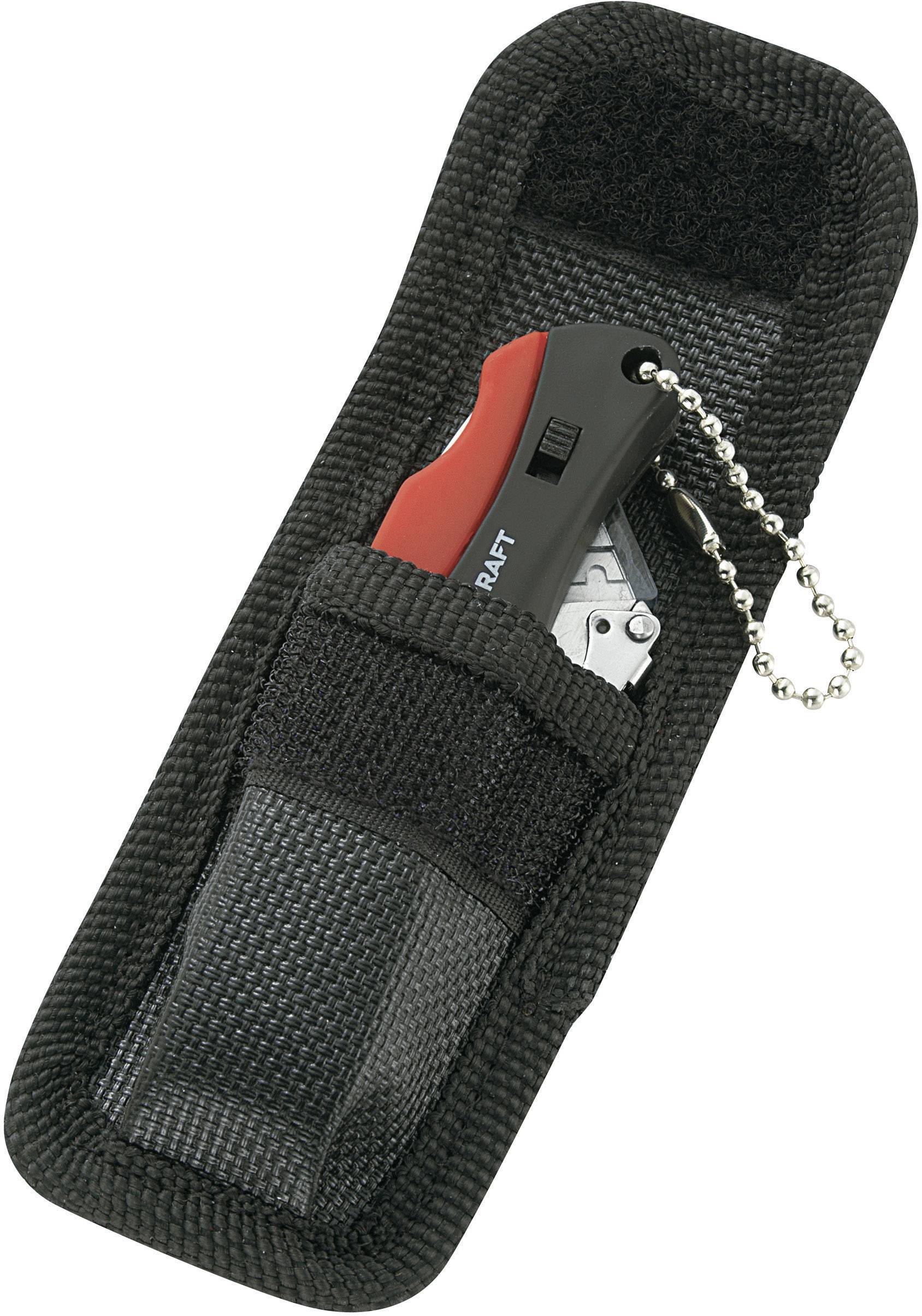 Ein Taschenmesser mit rotem Griff und Kettenanhänger steckt in einer schwarzen Nylon-Tasche mit Klettverschluss.