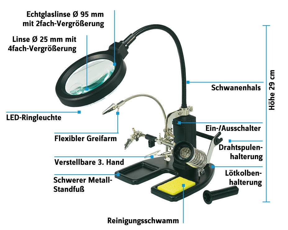 TOOLCRAFT 826054 LED-Lupenleuchte mit 3. Hand Vergrößerungsfaktor=2 x, 4 x 2021 Energieeffizienzklasse n.rel-5