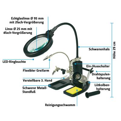 TOOLCRAFT 826054 LED-Lupenleuchte mit 3. Hand Vergrößerungsfaktor=2 x, 4 x 2021 Energieeffizienzklasse n.rel-5