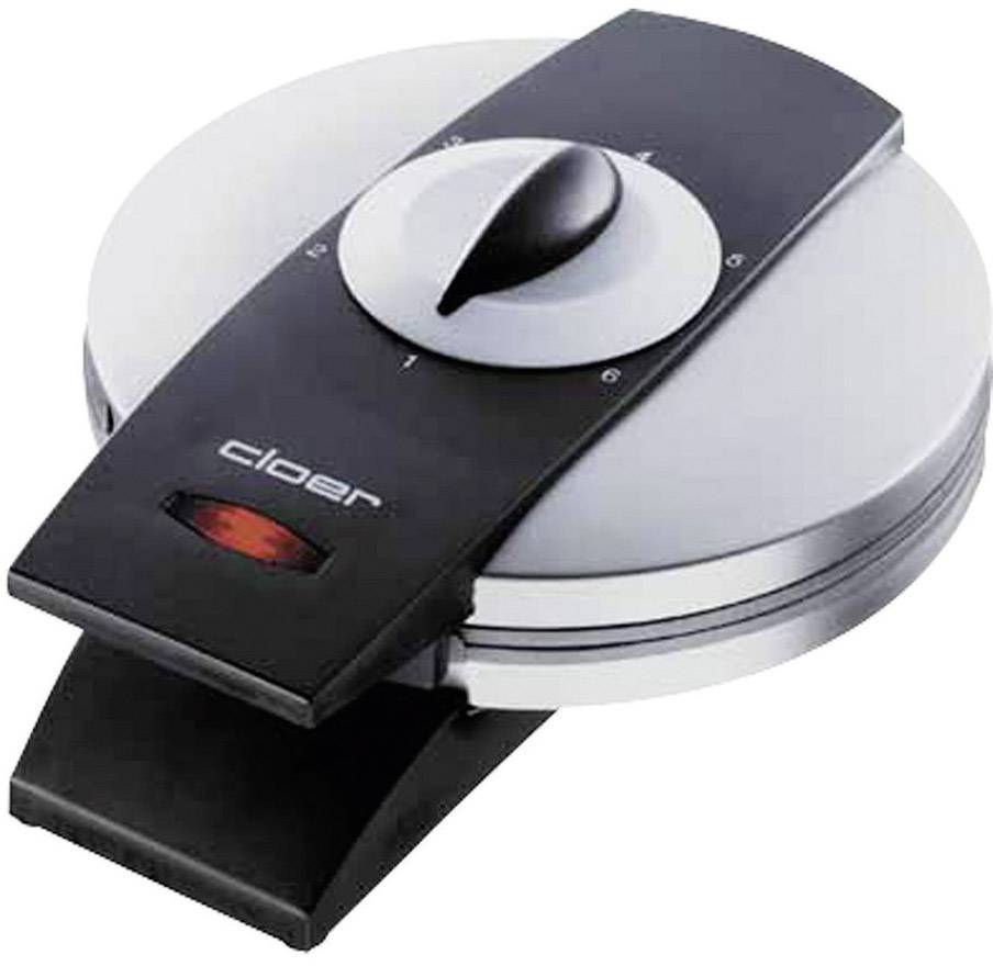 Waffeleisen mit Temperaturregler und Kontrollleuchte für Einstellen des Backgrades. Silberne und schwarze Oberfläche.