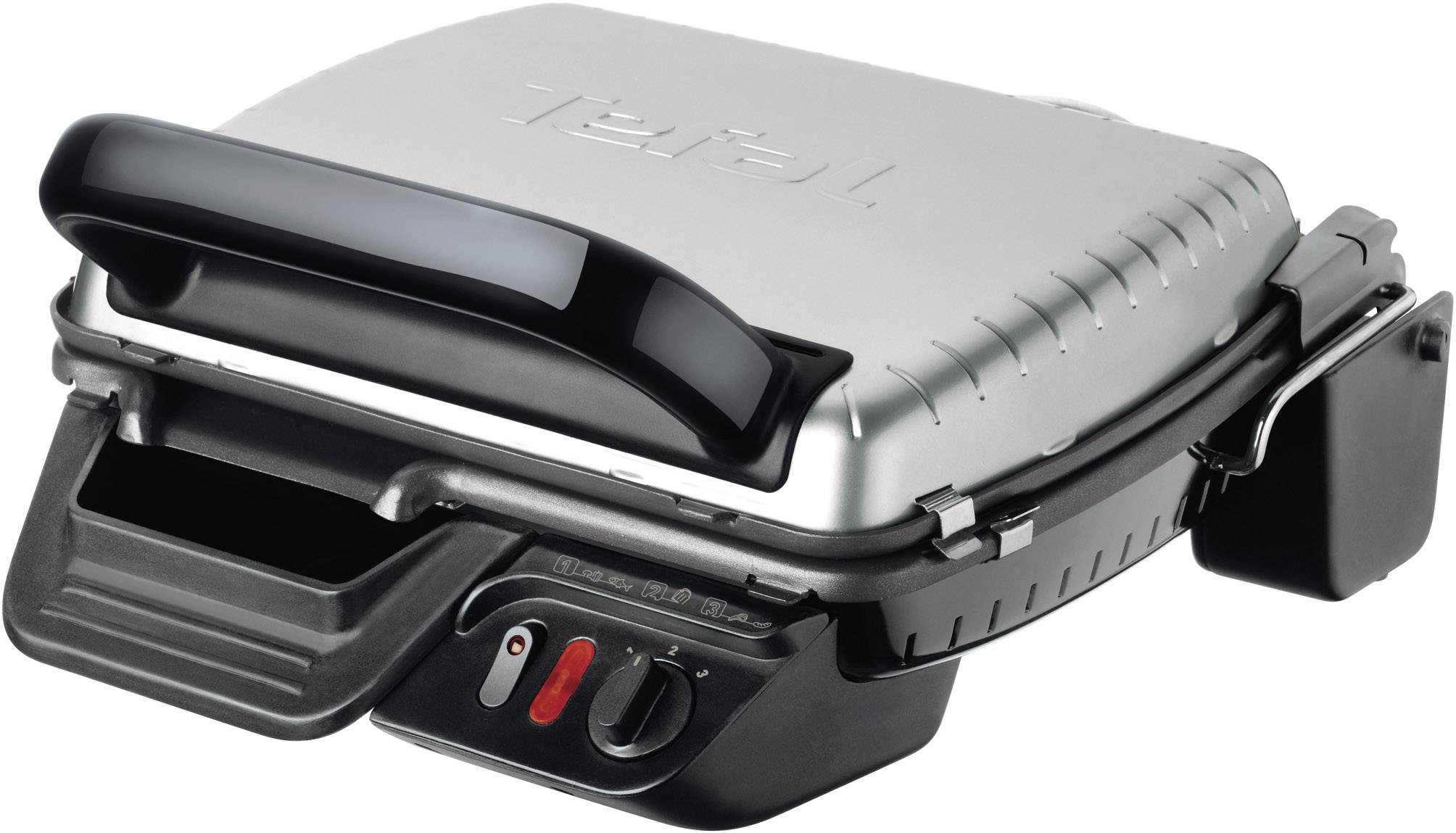 Silberner elektrischer Kontaktgrill mit geschlossener Haube, schwarzen Akzenten und seitlichem Fettauffangbehälter. Markenname auf dem Deckel.