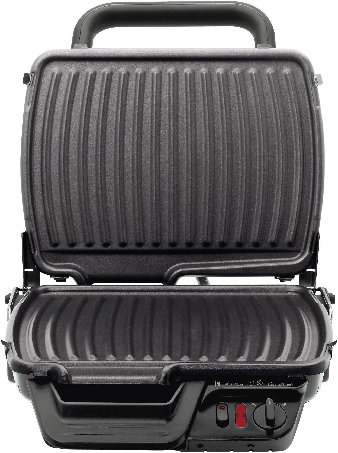 Ein geöffneter Kontaktgrill mit geriffelten Platten, Temperaturregler und zwei Kontrollleuchten auf der Vorderseite.