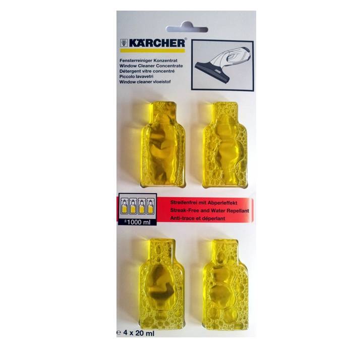Vier gelbe Flaschen mit Fensterreiniger-Konzentrat auf Blisterverpackung. Markenlogo oben. Text in mehreren Sprachen, darunter Deutsch.