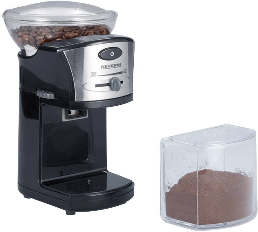 Schwarze elektrische Kaffeemühle mit gemahlenem Kaffee im Behälter daneben. Oberer Behälter mit Kaffeebohnen gefüllt.