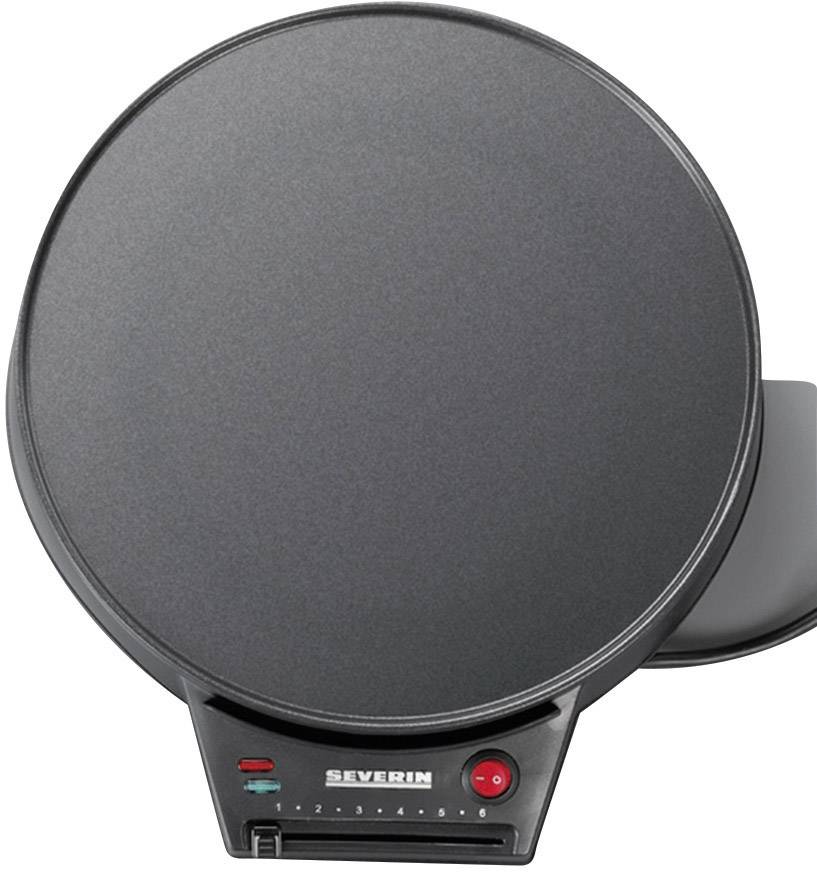 Elektrische Crepe-Maschine mit hitzebeständiger Platte, rote und grüne Kontrollleuchten und ein Schieberegler für Temperatur.