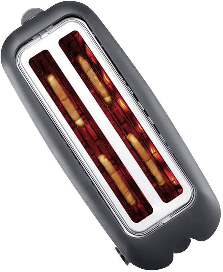 Grauer elektrischer Toaster von oben, mit zwei sichtbaren, goldbraun getoasteten Brotscheiben.