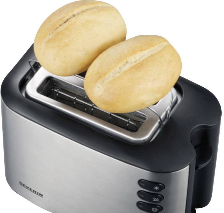 Ein silberner Toaster mit zwei Brötchen oben drauf. Das Gerät hat Bedientasten an der Seite.