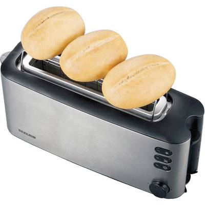 Drei Brötchen in einem modernen Toaster aus Edelstahl werden getoastet.