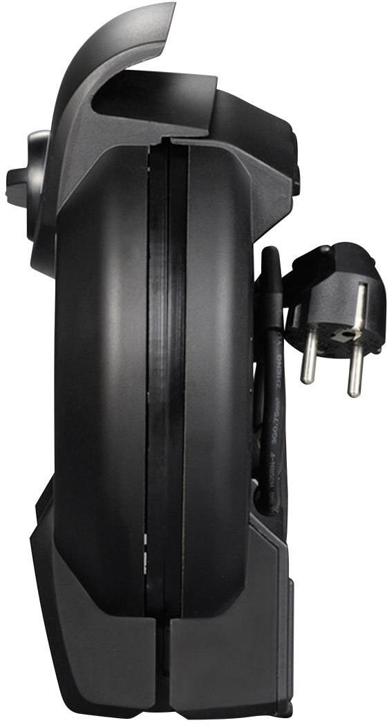 Schwarzer, zusammengeklappter Elektro-Roller mit sichtbarem Ladegerät-Stecker an der Seite.