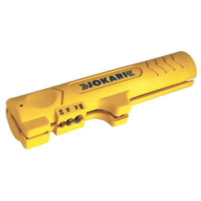 Ein gelbes Kabelabisolierwerkzeug mit der Aufschrift 'Jokari', geeignet für Kabelgrößen von 20 bis 14. ergonomisches Design.
