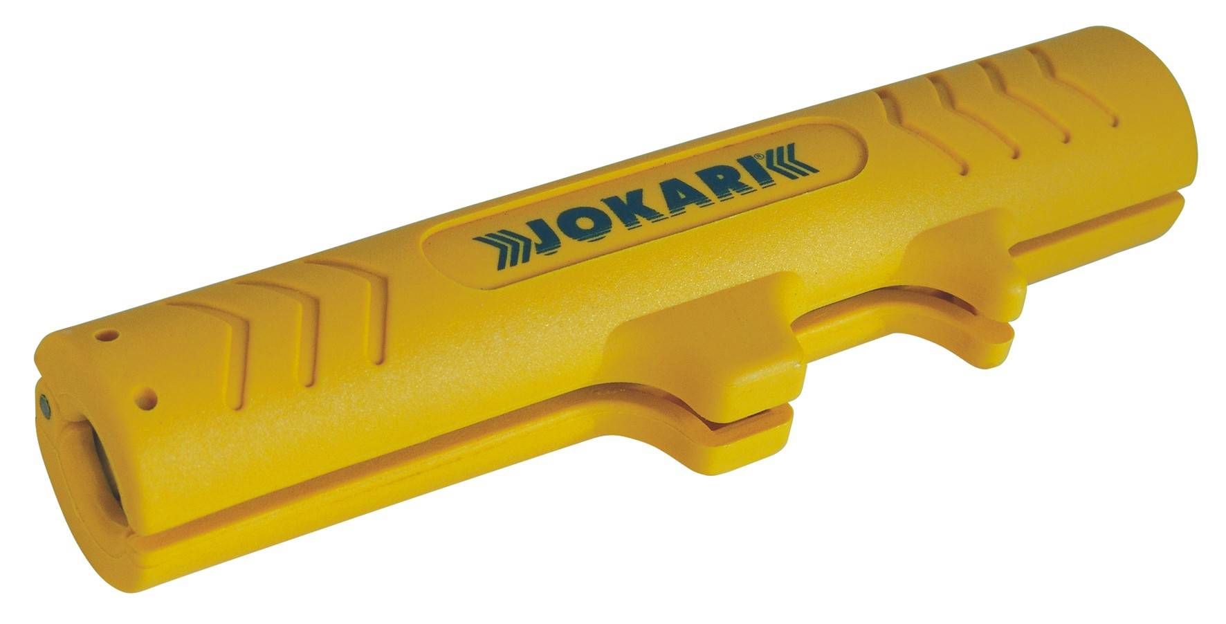 Gelber Kabelmantelentferner mit ergonomischem Griff, Schriftdruck mit 'Jokari'-Logo.