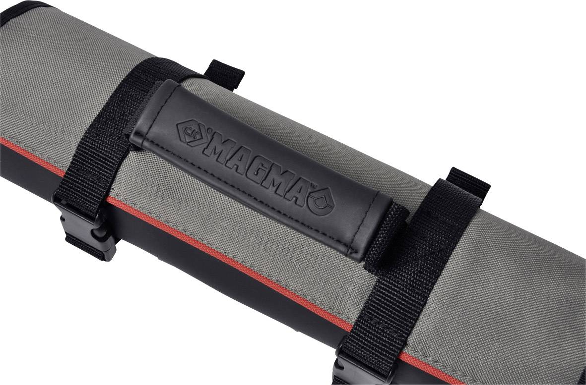 Eine graue Tasche mit schwarzen Riemen und dem Logo 'MAGMA', das für den Transport von Gegenständen verwendet wird.