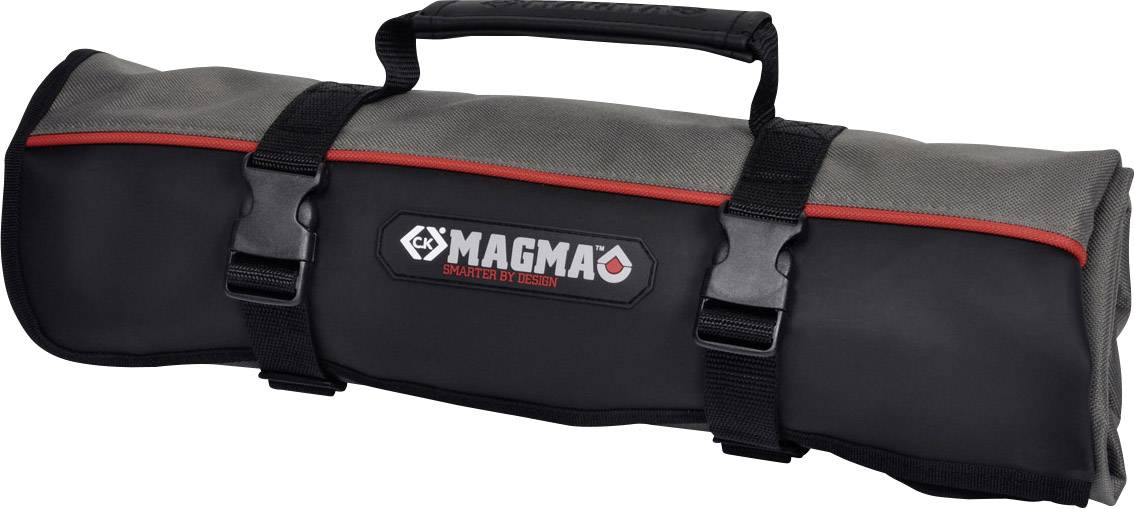 Schwarze und graue Werkzeugtasche mit dem Logo 'Magma' auf der Vorderseite. Sie hat einen Tragegriff und zwei Schnallen.