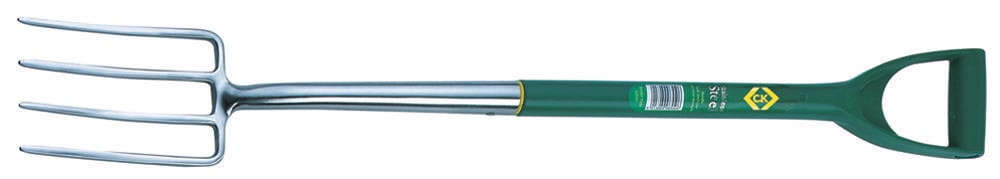 Grüne Gartengabel mit Metallzinken und einem D-Griff, geeignet für Gartenarbeiten.