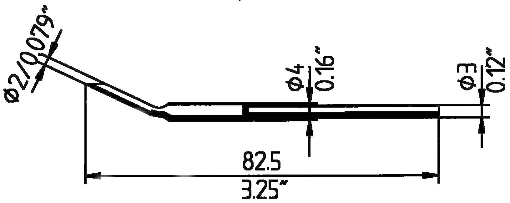 Technische Zeichnung eines Bauteils mit Längen- und Durchmesserangaben. Der Hauptdurchmesser beträgt 3,25 Zoll.