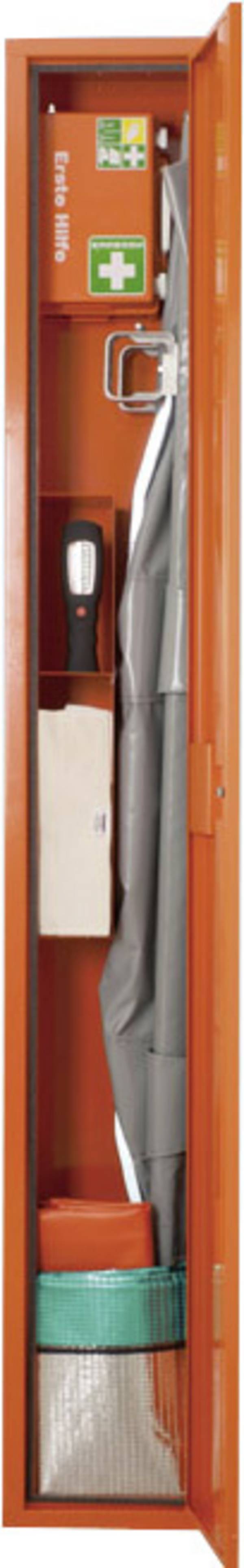 Stehschrank Erste-Hilfe-Trage gefüllt orange