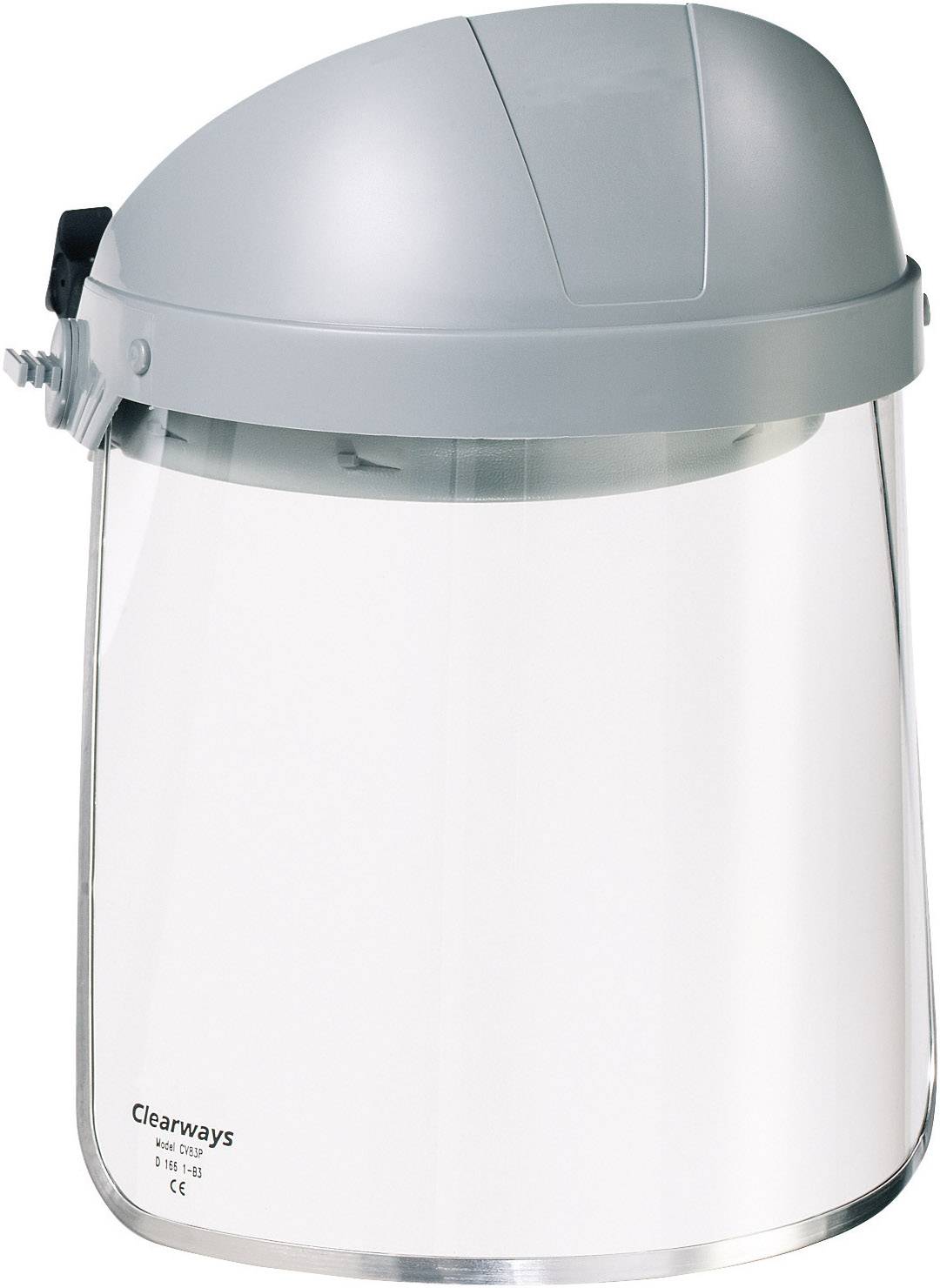 Ein graues Gesichtsschutzschild mit transparentem Visier, das Schutz bietet. Markierung 'Clearways' unten links.