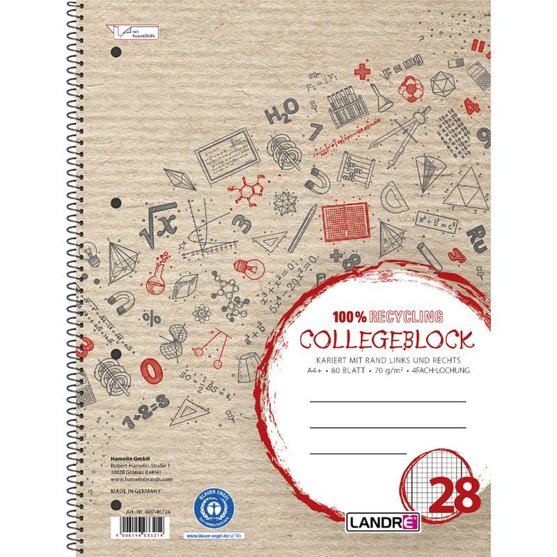LANDRÉ - E Collegeblock Recycling A4+ 80 Blatt Lineatur 28 rot - A4-0